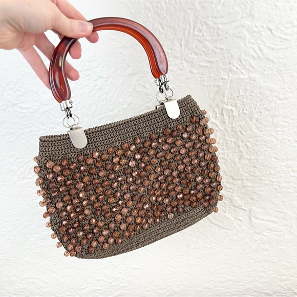 Vintage Mini Bag Crochet Beaded Lucite Handles Brown - Picture 1 of 7